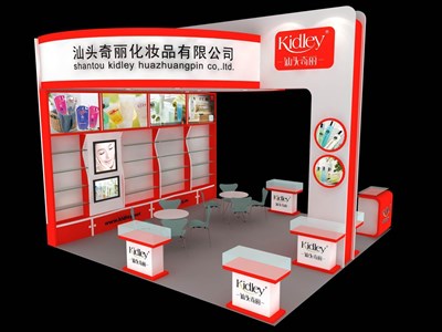 36平米展臺設(shè)計(jì)制作：三面開口/現(xiàn)代/木質(zhì)結(jié)構(gòu)/紅色，為美博會展商而作（免費(fèi)使用）