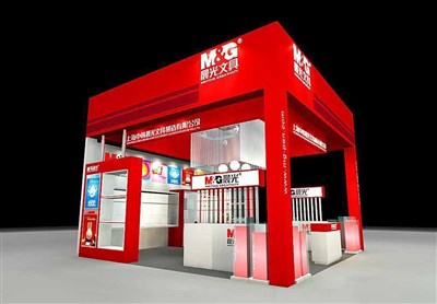 36平米展臺設(shè)計制作：三面開口/現(xiàn)代/木質(zhì)結(jié)構(gòu)/紅色，為文具圖書展展商而作（免費使用）