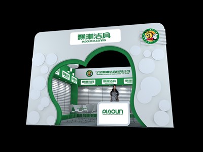 36平米展臺設(shè)計(jì)制作：一面開口/現(xiàn)代/木質(zhì)結(jié)構(gòu)/綠色，為日用品展展商而作（免費(fèi)使用）