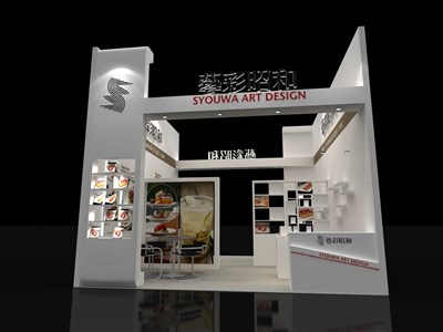 30平米展臺(tái)設(shè)計(jì)制作：二面開(kāi)口/現(xiàn)代/木質(zhì)結(jié)構(gòu)/白色，為文具圖書展展商而作（免費(fèi)使用）