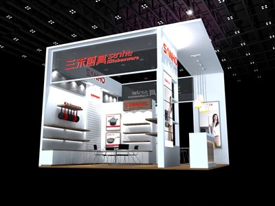 36平米展臺設(shè)計制作：二面開口/現(xiàn)代/木質(zhì)結(jié)構(gòu)/白色，為日用品展展商而作（免費使用）