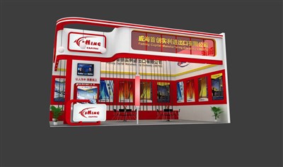54平米展臺設(shè)計制作：二面開口/現(xiàn)代/木質(zhì)結(jié)構(gòu)/紅色，為釣具展展商而作（免費使用）