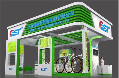 54平米展臺設(shè)計制作：三面開口/中式/木質(zhì)結(jié)構(gòu)/綠色，為單/摩托車展商而作（免費(fèi)使用）