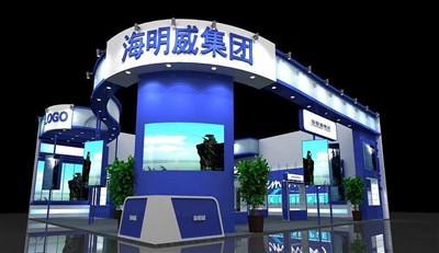 144平米展臺設(shè)計制作：二面開口/現(xiàn)代/木質(zhì)結(jié)構(gòu)/藍色，為釣具展展商而作（免費使用）