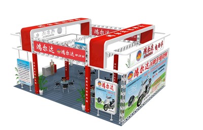 108平米展臺設計制作：二面開口/中式/桁架結構/紅色，為單/摩托車展商而作（免費使用）