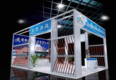50平米展臺設計制作：三面開口/現(xiàn)代/木質(zhì)結(jié)構/藍色，為釣具展展商而作（免費使用）