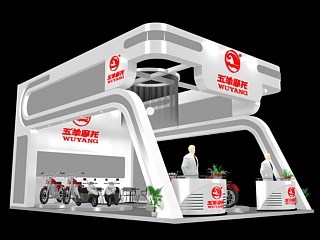54平米展臺設(shè)計制作：三面開口/現(xiàn)代/木質(zhì)結(jié)構(gòu)/白色，為單/摩托車展商而作（免費(fèi)使用）