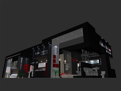 184平米展臺設計制作：二面開口/現(xiàn)代/木質結構/黑色，為衛(wèi)浴展展商而作（免費使用）