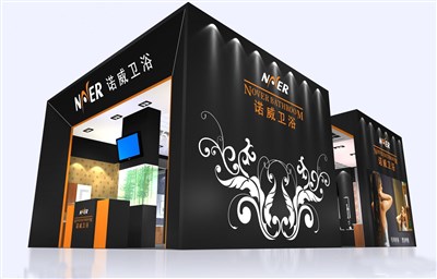 81.6平米展臺設(shè)計制作：三面開口/現(xiàn)代/木質(zhì)結(jié)構(gòu)/黑色，為衛(wèi)浴展展商而作（免費使用）