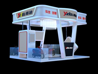 20平米展臺設(shè)計(jì)制作：四面開口/中式/桁架結(jié)構(gòu)/藍(lán)色，為單/摩托車展商而作（免費(fèi)使用）