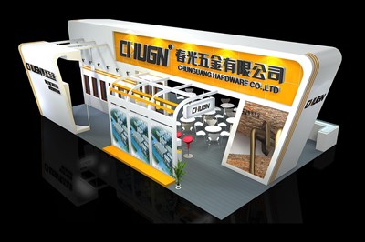 108平米展臺(tái)設(shè)計(jì)制作：四面開口/現(xiàn)代/木質(zhì)結(jié)構(gòu)/黃色，為五金展展商而作（免費(fèi)使用）