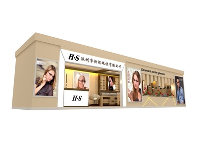 36平米展臺設計制作：一面開口/歐式/木質結構/米色，為眼鏡展展商而作（免費使用）