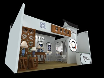 42平米展臺(tái)設(shè)計(jì)制作：一面開(kāi)口/中式/木質(zhì)結(jié)構(gòu)/白色，為照明展展商而作（免費(fèi)使用）
