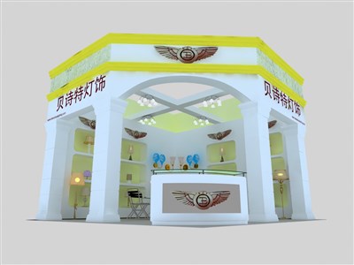 36平米展臺(tái)設(shè)計(jì)制作：二面開口/現(xiàn)代/木質(zhì)結(jié)構(gòu)/黃色，為照明展展商而作（免費(fèi)使用）