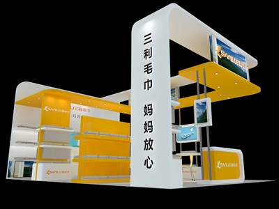 54平米展臺設(shè)計制作：三面開口/現(xiàn)代/木質(zhì)結(jié)構(gòu)/黃色，為紡織展展商而作（免費(fèi)使用）