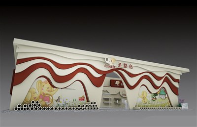 352平米展臺(tái)設(shè)計(jì)制作：一面開口/流線/木質(zhì)結(jié)構(gòu)/紅色，為服裝展展商而作（免費(fèi)使用）