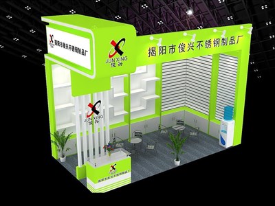 18平米展臺設(shè)計制作：二面開口/現(xiàn)代/木質(zhì)結(jié)構(gòu)/綠色，為五金展展商而作（免費使用）