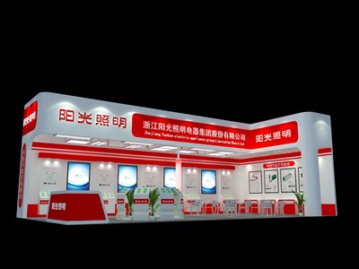 72平米展臺(tái)設(shè)計(jì)制作：二面開口/現(xiàn)代/木質(zhì)結(jié)構(gòu)/紅色，為照明展展商而作（免費(fèi)使用）