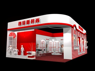 77平米展臺(tái)設(shè)計(jì)制作：一面開(kāi)口/現(xiàn)代/木質(zhì)結(jié)構(gòu)/紅色，為服裝展展商而作（免費(fèi)使用）