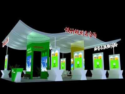 108平米展臺設計制作：四面開口/前衛(wèi)/型材結構/綠色，為能源展展商而作（免費使用）