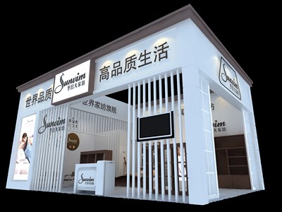 54平米展臺設(shè)計制作：二面開口/流線/木質(zhì)結(jié)構(gòu)/咖啡色，為紡織展展商而作（免費(fèi)使用）