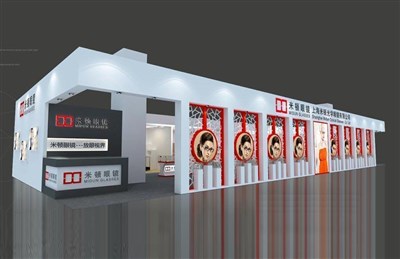 216平米展臺設計制作：二面開口/現(xiàn)代/木質(zhì)結構/白色，為眼鏡展展商而作（免費使用）