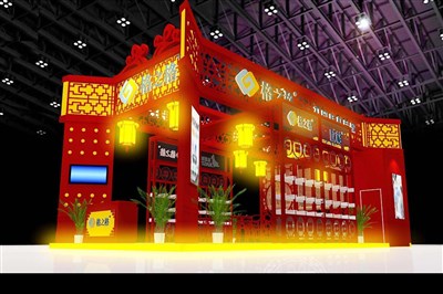 72平米展臺設(shè)計制作：三面開口/中式/木質(zhì)結(jié)構(gòu)/紅色，為五金展展商而作（免費使用）
