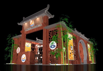 54平米展臺設計制作：三面開口/中式/木質(zhì)結(jié)構(gòu)/咖啡色，為玩具展展商而作（免費使用）