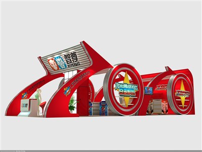 90平米展臺設計制作：三面開口/現代/木質結構/紅色，為玩具展展商而作（免費使用）