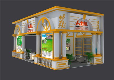 72平米展臺設(shè)計制作：三面開口/現(xiàn)代/木質(zhì)結(jié)構(gòu)/黃色，為嬰幼展展商而作（免費使用）