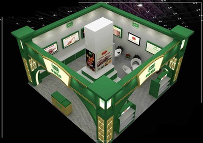 64平米展臺設(shè)計制作：二面開口/現(xiàn)代/木質(zhì)結(jié)構(gòu)/綠色，為食品展展商而作（免費(fèi)使用）