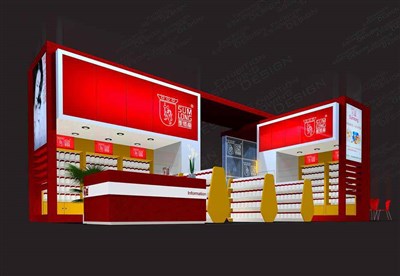 72平米展臺(tái)設(shè)計(jì)制作：二面開口/現(xiàn)代/木質(zhì)結(jié)構(gòu)/紅色，為嬰幼展展商而作（免費(fèi)使用）