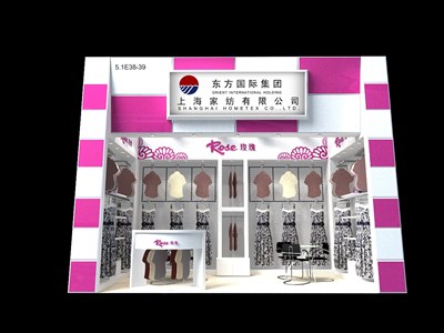 18平米展臺設計制作：一面開口/現代/木質結構/粉色，為服裝展展商而作（免費使用）