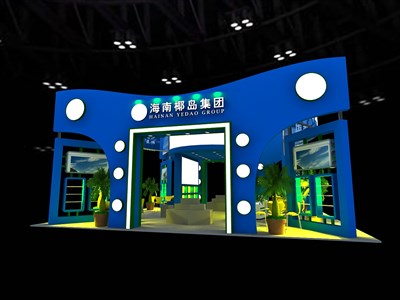 162.5平米展臺(tái)設(shè)計(jì)制作：一面開口/現(xiàn)代/木質(zhì)結(jié)構(gòu)/藍(lán)色，為食品展展商而作（免費(fèi)使用）