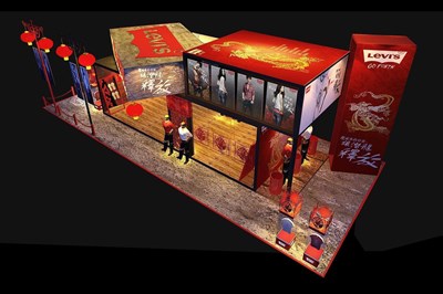 90平米展臺(tái)設(shè)計(jì)制作：二面開口/中式/木質(zhì)結(jié)構(gòu)/紅色，為服裝展展商而作（免費(fèi)使用）
