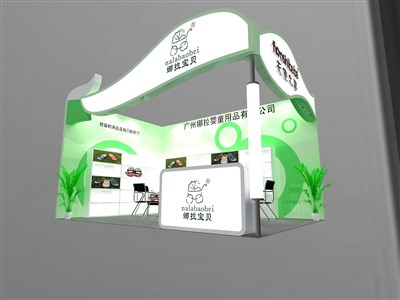 24平米展臺設計制作：二面開口/現代/木質結構/綠色，為服裝展展商而作（免費使用）