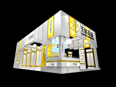 72平米展臺設計制作：三面開口/現代/木質結構/白色，為五金展展商而作（免費使用）