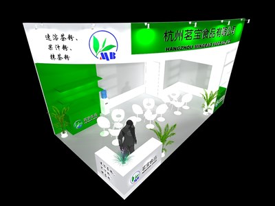 36平米展臺設(shè)計(jì)制作：二面開口/現(xiàn)代/木質(zhì)結(jié)構(gòu)/綠色，為食品展展商而作（免費(fèi)使用）