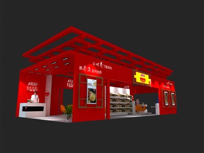 78平米展臺設計制作：四面開口/中式/木質(zhì)結(jié)構(gòu)/紅色，為食品展展商而作（免費使用）