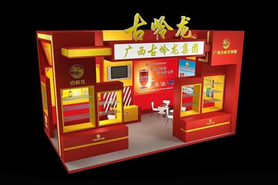 42.5平米展臺設(shè)計制作：二面開口/現(xiàn)代/木質(zhì)結(jié)構(gòu)/紅色，為食品展展商而作（免費使用）