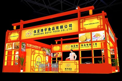90平米展臺(tái)設(shè)計(jì)制作：三面開口/中式/木質(zhì)結(jié)構(gòu)/紅色，為食品展展商而作（免費(fèi)使用）