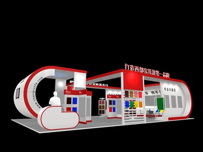 104平米展臺設計制作：二面開口/現(xiàn)代/木質(zhì)結(jié)構(gòu)/紅色，為化工展展商而作（免費使用）