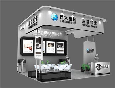 36平米展臺設計制作：三面開口/現(xiàn)代/木質(zhì)結(jié)構(gòu)/灰色，為化工展展商而作（免費使用）