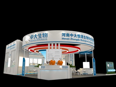 120平米展臺(tái)設(shè)計(jì)制作：二面開口/現(xiàn)代/木質(zhì)結(jié)構(gòu)/藍(lán)色，為醫(yī)藥展展商而作（免費(fèi)使用）