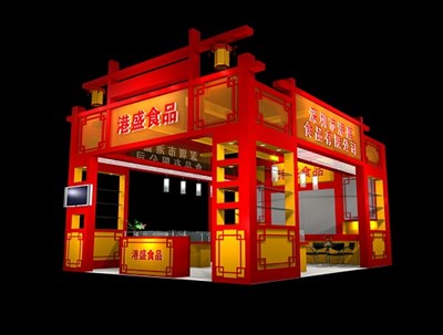 48平米展臺設(shè)計制作：三面開口/中式/木質(zhì)結(jié)構(gòu)/紅色，為食品展展商而作（免費(fèi)使用）