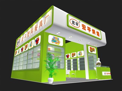 48平米展臺(tái)設(shè)計(jì)制作：二面開口/現(xiàn)代/木質(zhì)結(jié)構(gòu)/綠色，為食品展展商而作（免費(fèi)使用）