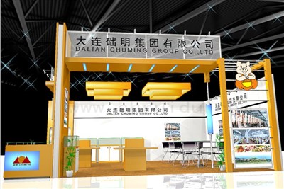 52平米展臺(tái)設(shè)計(jì)制作：二面開口/現(xiàn)代/木質(zhì)結(jié)構(gòu)/黃色，為食品展展商而作（免費(fèi)使用）