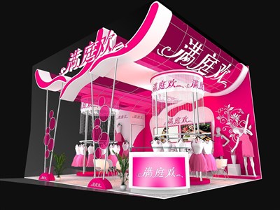 42平米展臺設計制作：二面開口/現(xiàn)代/木質結構/粉色，為服裝展展商而作（免費使用）