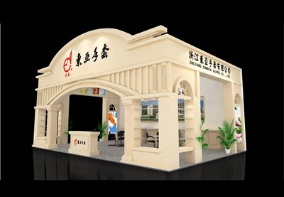 54平米展臺設(shè)計制作：三面開口/歐式/木質(zhì)結(jié)構(gòu)/米色，為紡織展展商而作（免費使用）