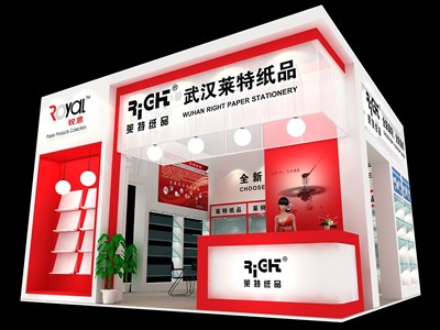 36平米展臺(tái)設(shè)計(jì)制作：二面開(kāi)口/現(xiàn)代/木質(zhì)結(jié)構(gòu)/紅色，為文具圖書展展商而作（免費(fèi)使用）